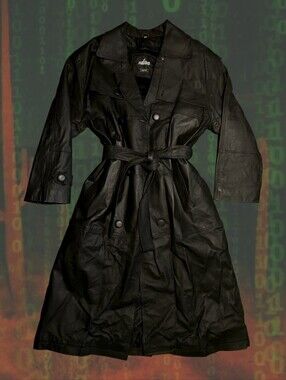 Vintage 80s/90s Milano Black Leather Trench Coat Belted Maxi Duster size Large.